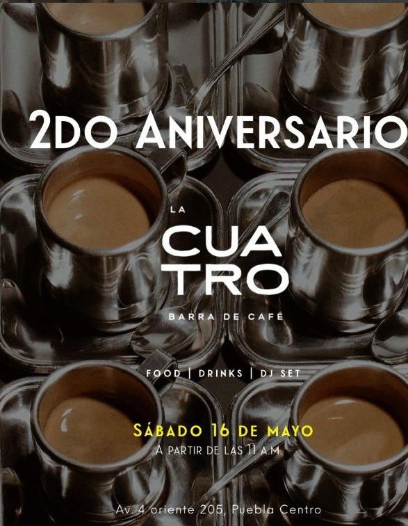 Cartel del segundo aniversario de La Cuatro con tazas de café
