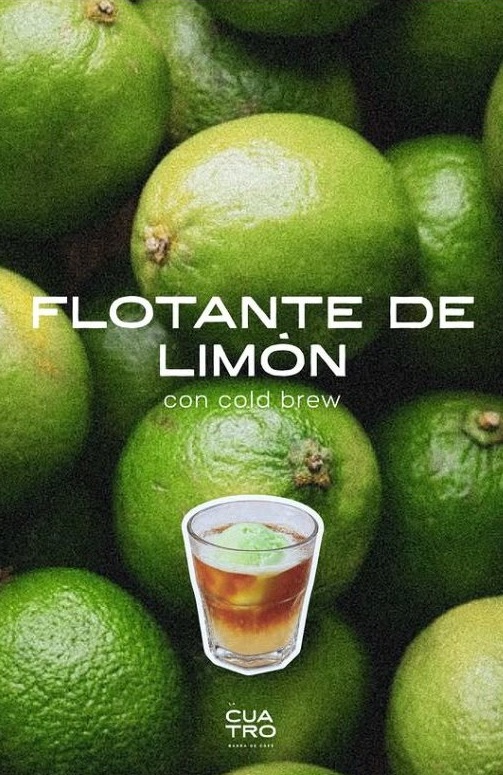 Flotante de limón con cold brew sobre un fondo de limones verdes